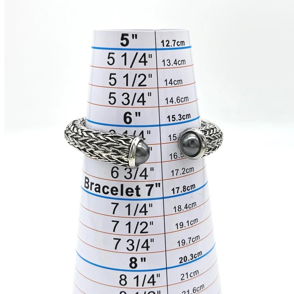 Silver Tone Woven Braided‎ Hinged Cuff Bracelet with Grey Faux Pearl Ends